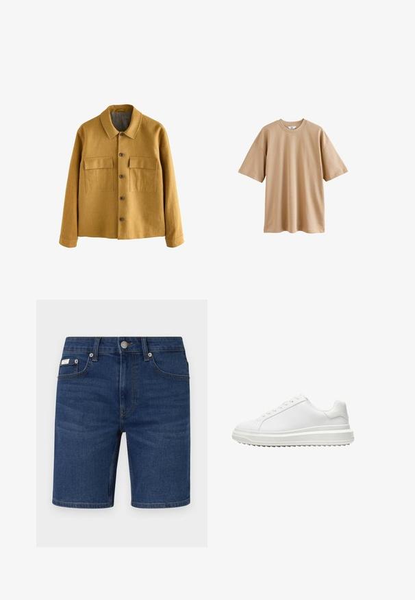 Sininen sinappi takki, joka on valmistettu teksturoidusta kankaasta, jossa on kauluksellinen kaula, edessä nappikiinnitys ja kaksi rintataskua läpillä.; Vaaleanbeige lyhythihainen t-paita, joka on valmistettu puuvillasta, pyöreällä kaula-aukolla ja rentoa istuvuutta. Materiaali on sileä, eikä siinä ole kuvioita tai koristeita.; Tummansiniset farkkushortsit klassisella viiden taskun suunnittelulla, metallinappisulkemisella ja suoralinjaisella helmalla. Minimalistinen brändäysyksityiskohta näkyvissä.; Valkoiset kengät, joissa on sileä synteettinen päällinen, pyöreä kärki, litteät nauhat, kuvioitu pohja ja kerroksellinen, platform-mallinen muotoilu lisäkorotusta varten.