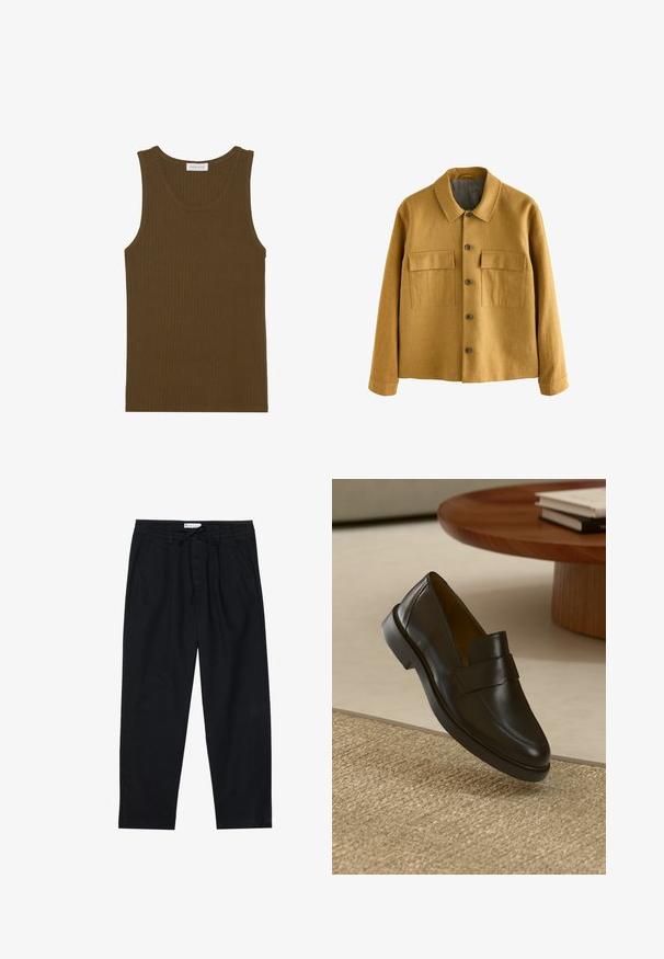 Chaqueta de color mostaza hecha de tela texturizada, con cuello tipo solapa, cierre frontal con botones y dos bolsillos en el pecho con solapas.; Top sin mangas de canalé en un verde oliva oscuro, con un cuello redondo y un diseño sin mangas, con bordes acabados y una textura suave.; Pier One Pantalones chinos - black; Mocasines de piel negra con un acabado suave, punta redonda y una correa decorativa a lo largo de la parte superior. Tacón de goma bajo, sobre una superficie texturizada.