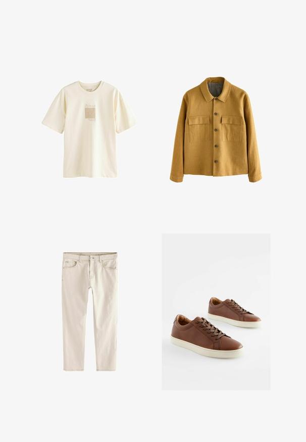 Mustár sárga dzseki texturált anyagból, rövid gallérral, elöl gombos záródással és két mellzsebbel, amelynek fedéllel van ellátva.; Krém színű, puha pamutból készült póló, minimalista, Picasso ihlette grafikával, enyhén textúrázott kialakításban.; Világos bézs, slim-fit fazonú farmernadrág, egyenes szárú, öt zsebbel, gombos és cipzáras záródással, valamint megerősített varrásokkal az illesztések mentén.; Barna bőr sportcipők sima textúrával, fehér gumitalppal és passzoló barna fűzővel. Lekerekített orr kialakítással, minimális varrási részletekkel.