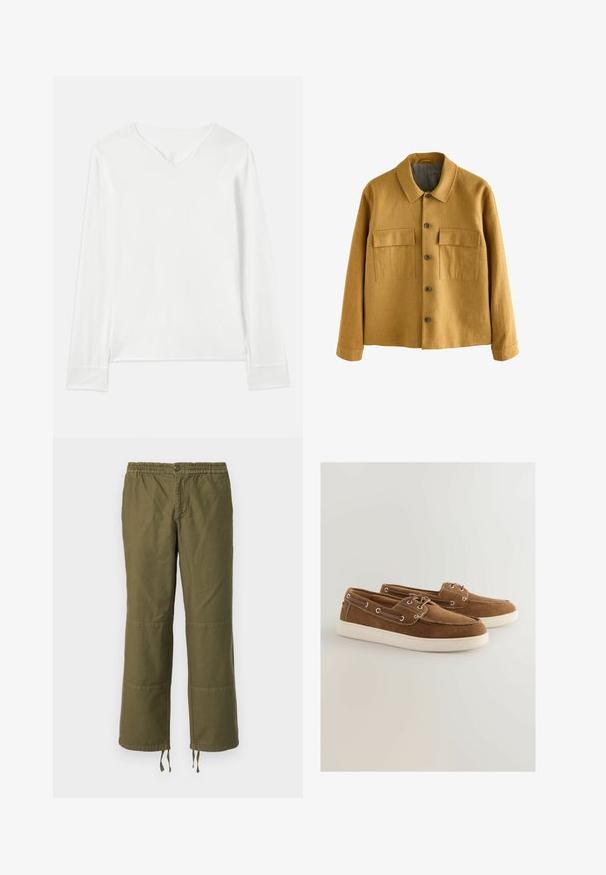 Mosterdgele jas van textiel met structuur, voorzien van een kraag, een knoopsluiting aan de voorkant en twee borstzakken met kleppen.; Witte long sleeve top met een V-hals, zachte textuur en zijinsneden. Heeft een eenvoudig ontwerp zonder versieringen of patronen.; Olijfgroene, wijde broek van katoen met een elastische tailleband, een knoopsluiting en contrasterende patch-details op de knieën.; Bruine suède schoenen met een witte rubberen zool, vetersluiting, metalen oogjes en contrasterende stiksels langs de randen.
