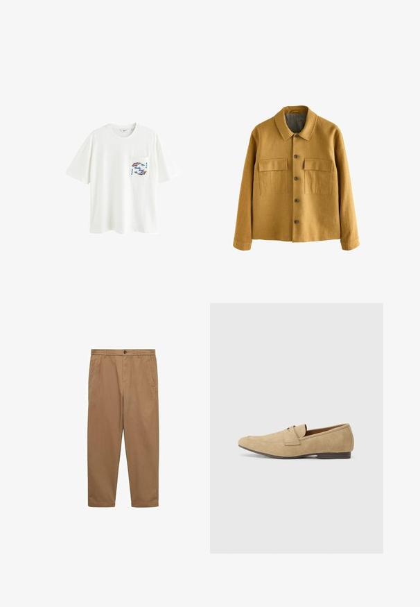 Senfgelbe Jacke aus strukturiertem Stoff, mit Kragen, vorderem Knopfverschluss und zwei Brusttaschen mit Klappen.; Weißes Baumwoll-T-Shirt mit kurzen Ärmeln, einer Tasche und einem blauen/roten Grafikdruck auf der Taschenfläche. Lockerer Schnitt, Rundhalsausschnitt.; Braune Baumwollchinos mit gerader Passform, zwei Seitentaschen, einem Knopfverschluss und einer glatten Textur. Mittelhoher Bund und schmal zulaufende Beine.; Beige Wildleder-slipper mit leichtem Glanz, runder Zehenform, praktischer Schlupf-Design und niedrigem braunen Absatz. Dezente Steppnähte.