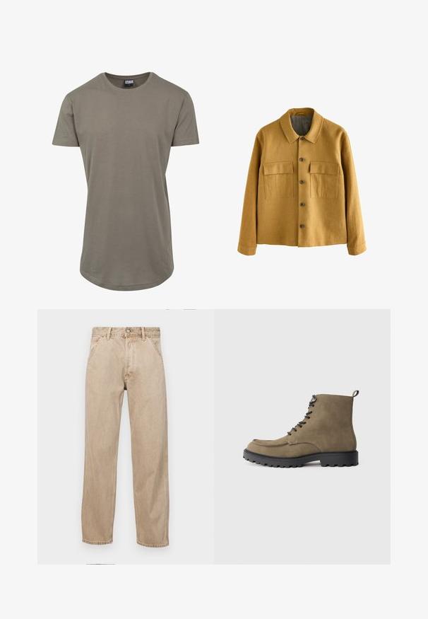 Horčicovožltá bunda z textúrovaného materiálu s golierom, predným zapínaním na gombíky a dvoma náprsníkovými vreckami s chlopňami.; Olivovo zelené tričko vyrobené z mäkkej bavlny, s okrúhlym výstrihom a krátkymi rukávmi, s dlhším zakriveným lemom pre uvoľnený strih.; Bežové denimové rifle so strihom rovného nohu, s prednými vreckami, kovovým zapínaním na gombík a jemnou textúrou.; Hnedé semišové topánky s čiernou gumovou podrážkou, okrúhlou špičkou, šnurovaním vpredu a kontrastným prešívaním. Obsahujú slučku na päte pre jednoduché obúvanie.