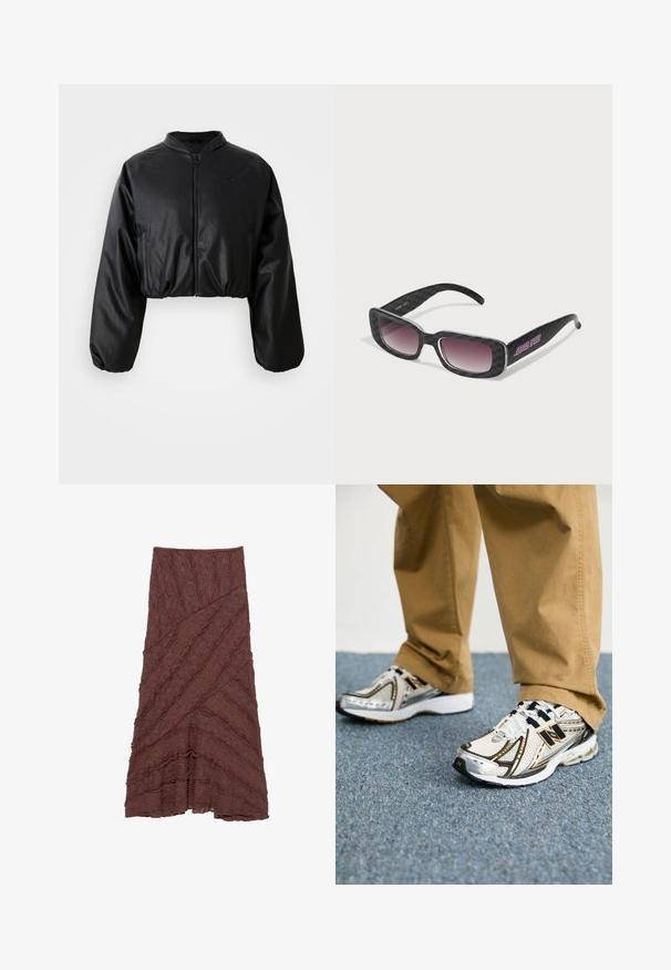 Zwarte cropped bomberjack met een gladde, nepleer structuur, ritsluiting en elastische manchetten voor een getailleerd silhouet.; Beige sportieve cropped t-shirt met korte mouwen, geribbelde onderzijde en subtiele logo op de borst. Soepele textuur, aansluitend ontwerp.; Bruine gestructureerde rok met een gelaagde, golvende uitstraling en diagonale patronen, voorzien van gerimpelde accenten langs de randen en een uitlopende silhouet.; Witte en zilveren New Balance sneakers met zwarte accenten en veters, voorzien van een bovenwerk van mesh, een gevoerde zool en een dynamisch ontwerp.; Zonnebril met een zwart geruit ontwerp, vierkante monturen, geleidelijke getinte lenzen en paarse merkdetails op een van de armen.; Zilveren metallic handtas met een slank, gestructureerd ontwerp, voorzien van een textuur-holte, een schouderband en een reliëflogo-accent.