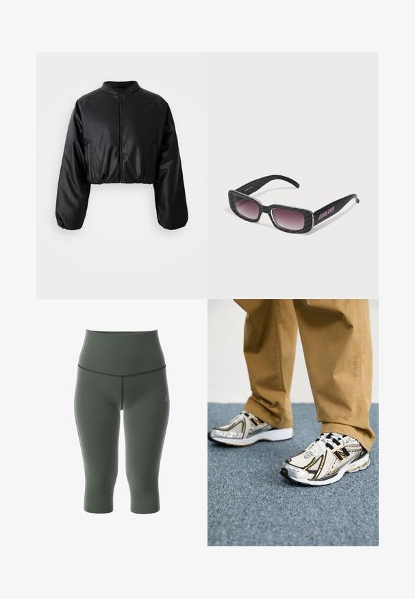 Black cropped bomber jacket featuring a smooth, faux leather texture, zip closure, and elasticized cuffs for a fitted silhouette.; Beige athletic cropped t-shirt with short sleeves, ribbed lower section, and subtle logo on the chest. Smooth texture, fitted design.; High-waisted, olive-green capri leggings made of stretchy, smooth fabric with flat seams and a small logo on the left side.; White and silver New Balance sneakers with black accents and laces, featuring a mesh upper, cushioned sole, and dynamic design.; Sunglasses featuring a black checkered design, square frames, gradient tinted lenses, and purple branding detail on one arm.; Silver metallic handbag with a sleek, structured design, featuring a textured body, a shoulder strap, and an embossed logo accent.