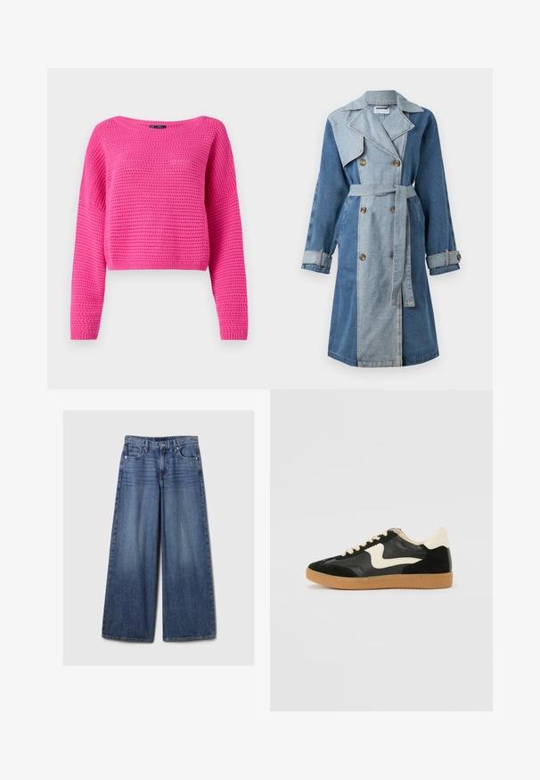 Trench coat in denim con un frontale doppiopetto, tonalità di blu miste, ampi revers, vita con cintura e polsini abbottonati.; Pullover rosa corto con un motivo a maglia testurizzato, scollo ampio e maniche lunghe. Orlo e polsini a coste. Realizzato in materiale leggero.; Jeans in denim blu a gamba larga con una finitura sbiadita, dotati di chiusura a bottone e zip, cinque tasche e passanti per cintura.; Sneaker nera in suede e pelle con un sorriso laterale crema e un tallone di un leggero crema. Presenta lacci beige e una suola in gomma color caramello.