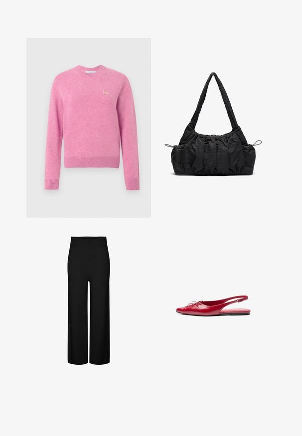 Džínsový trenčkot s dvojradovým zapínaním, zmiešanými odtieňmi modrej, širokými klopami, opaskom v páse a gombíkovými manžetami.; Ružový sveter s okrúhlym výstrihom, s rebrovanými manžetami a spodným lemom, ktorý má malú vyšívanú nášivku líšky na ľavej strane hrudi.; Čierne nohavice s širokými nohavicami a elastickým pásom, ktoré majú hladkú textúru a žiadne viditeľné vzory ani akcenty.; Červené kožené slingback ploché topánky s š piatym prstom a dekoračným šnurovaním vpredu, s úzkym členkovým pásom a plochou podrážkou.; Čierna textilná taška so zhrnutou textúrou, dvoma ramennými popruhmi a sťahovacím uzáverom na stranách. Hladký, ľahký materiál.