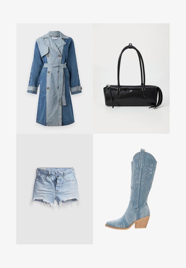 Denim trenchcoat med dubbelknäppt front, blandade blå nyanser, breda slag, midjebälte och knäppta manschetter.; Vit skjort med spetsig krage, långa ärmar och en liten blå logotyp på vänster bröst. Tillverkad av bomullstyg.; Ljusblå jeansshorts med avklippta kanter och fransiga fållar, fem fickor och knappgylf. Tyget är mjukt med en lätt sliten look.; Denim cowboy stövel, ljusblå, spetsig tå, utskärningar med triangulära former, låg staplad klack, texturerad yta.; Svart läderhandväska med rektangulär form, slät yta, två handtag, blixtlås och en liten logotyp framtill.