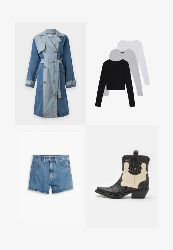 Džinsinis trenčkotis su dvigubos krūtinės priekiu, mišriomis mėlynos atspalviais, plačiomis apykaklėmis, diržu liemens srityje ir mygtukais užsegamais rankovėmis.; Trijų ilgomis rankovėmis marškinėlių krūva: juodas, pilkas ir baltas. Kiekvienas turi apvalų iškirpimą ir trumpą dizainą, pagamintas iš lygaus, lengvo audinio.; Šviesiai mėlyni džinsiniai šortai, turintys penkis kišenes, užtrauktuko užsegimą ir mygtuko uždarymą. Apačia yra nusidėvėjusi, o dizainas yra laisvo pjūvio.; Juodas ir kremas odinis šaunus botas su baltomis siūlėmis, smailiu nosiu, lenktomis rašmenimis ir trumpu aukštu kulnu. Ištraukiamoji juosta gale.