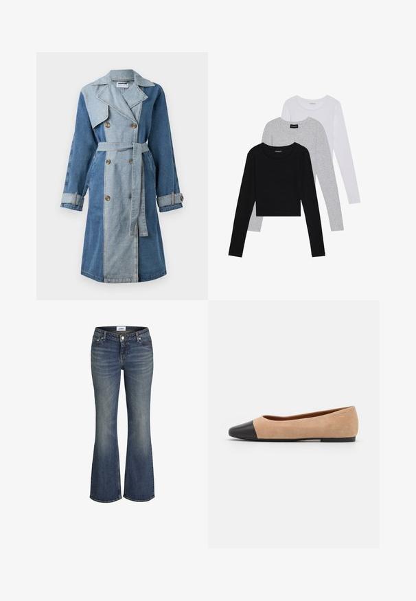Casaco trench de ganga com frente de duplo peito, tons mistos de azul, lapelas largas, cintura com cinto e punhos abotoados.; Três camisetas de manga longa empilhadas: preta, cinza e branca. Cada uma tem um decote redondo e um design cropped, feitas de um tecido leve e suave.; Jeans de ganga azul com ligeira descoloração nas coxas e joelhos, com botão e zipper na frente, estilo de perna bootcut.; Bailarina em suede bege com biqueira arredondada em couro preto, salto baixo e textura suave, apresentando costura mínima e um design clean.