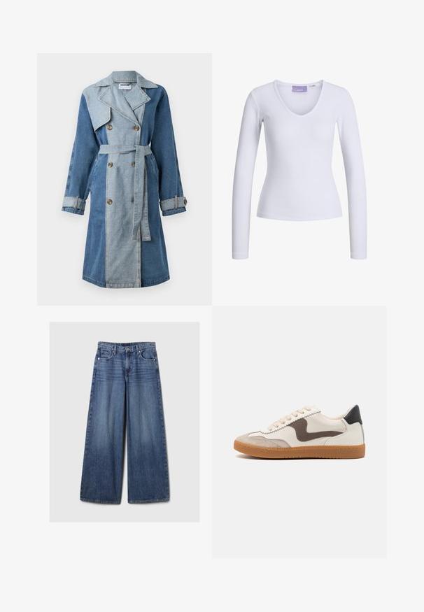 Farmerkabát dupla mellrészével, vegyes kék árnyalatokkal, széles gallérral, övvel húzott derékkal és gombos mandzsettákkal.; Fehér, hosszú ujjú felső, bordázott textúrával és V-nyakkivágással. Címke látható a nyak belső részén, a "JJXX" márkanevével.; Széles lábú kék farmernadrág elhalványodott felülettel, gombos és cipzáras záródással, öt zsebbel és övhurkokkal.; Sneakerek krémszínű bőr felsőrésszel, sötétbarna velúr részlettel, bézs fűzőkkel és gumitalppal rendelkeznek; klasszikus, alacsony profilú dizájn.