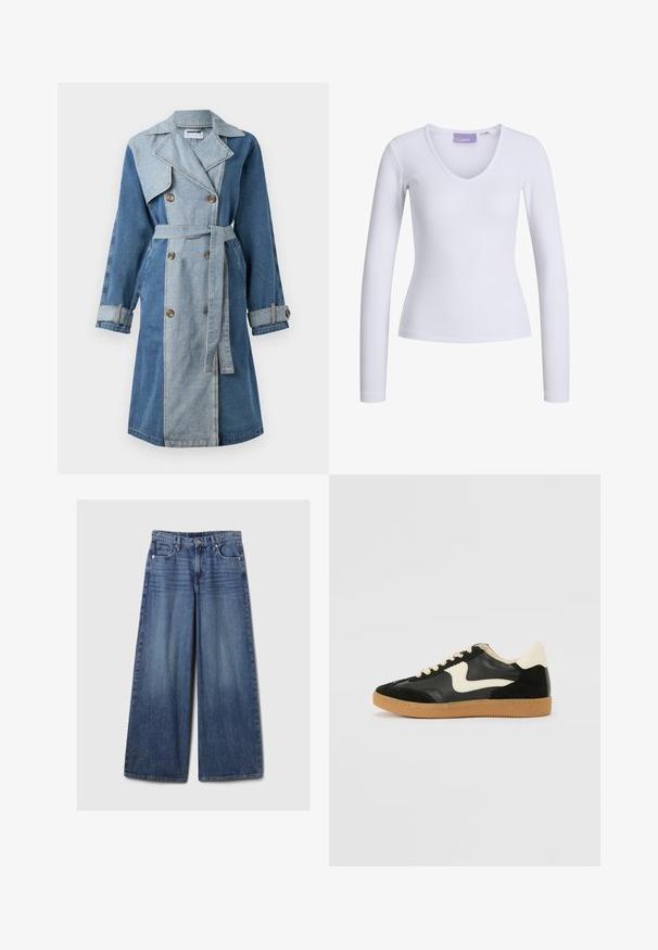 Farmerkabát dupla mellrészével, vegyes kék árnyalatokkal, széles gallérral, övvel húzott derékkal és gombos mandzsettákkal.; Fehér, hosszú ujjú felső, bordázott textúrával és V-nyakkivágással. Címke látható a nyak belső részén, a "JJXX" márkanevével.; Széles lábú kék farmernadrág elhalványodott felülettel, gombos és cipzáras záródással, öt zsebbel és övhurkokkal.; Fekete velúr és bőr sneaker, krém színű oldalsó swoosh-sal és világos krém színű sarokkal. Beigézett fűzőkkel és gumi talppal rendelkezik.