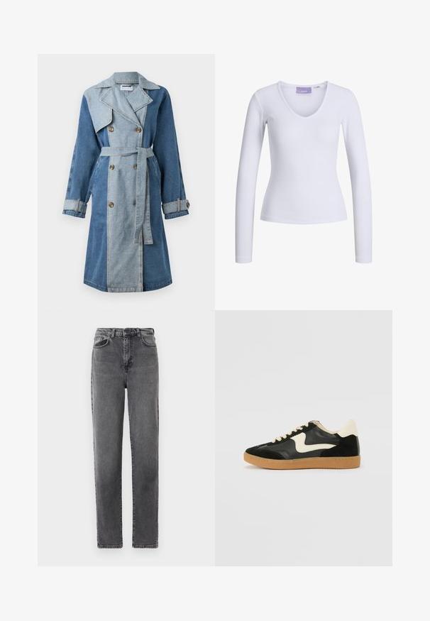 Trench coat in denim con un frontale doppiopetto, tonalità di blu miste, ampi revers, vita con cintura e polsini abbottonati.; Maglietta bianca a maniche lunghe con una texture a coste e design a V. Etichetta visibile all'interno del collo con il nome del marchio "JJXX."; Jeans in denim grigio a gamba dritta a vita alta con chiusura anteriore a bottone e cerniera, tasche anteriori e posteriori.; Sneaker nera in suede e pelle con un sorriso laterale crema e un tallone di un leggero crema. Presenta lacci beige e una suola in gomma color caramello.