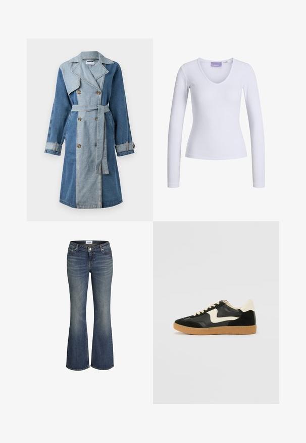 Denim trenčkot s dvouřadým zapínáním, smíšenými odstíny modré, širokými klopami, páskem v oblasti pasu a knoflíkovými manžetami.; Bílý dlouhý rukáv top s ribovanou texturou a designem ve tvaru V. Značka "JJXX" viditelná na štítku uvnitř límce.; Modré denimové džíny s mírným blednutím na stehnech a kolenou, s předním knoflíkem a zipem, s bootcut střihem.; Černé semišové a kožené tenisky s krémovým postranním swooshem a světlým krémovým podpatkem. Mají béžové tkaničky a podešev z gumové pryže.