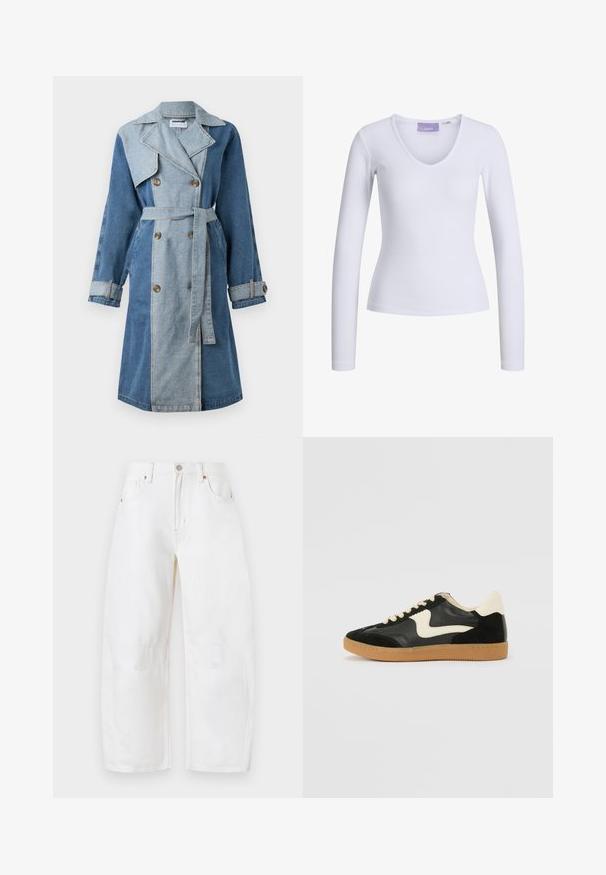 Denimist rõivast välimus, millel on topeltneppimisega esiosa, erinevad sinised toonid, laiad kraed, vööga talje ja nööpidega mansetid.; Valge pikkade varrukatega särk, millel on sooniktekstuur ja V-kaelus. Suletud sildiga, millega on nähtav brändi nimi "JJXX."; Valged laiad denimpüksid, millel on nööpkinnitus, viis taskut ja peened õmbluse detailid. Pehme tekstuur ja sööbav disain. Pole nähtavat kulumist.; Must musta ja nahast sneakersid, millel on koorevärvi külgsuund ja hele koorik. Omab beeži paelu ja kummi kummist välistalla.