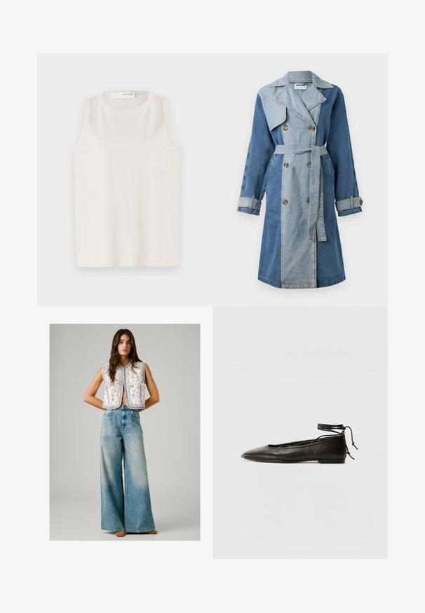 Denim trenchcoat med dobbeltradet front, blandede nuancer af blå, brede klapper, belted talje og knaplukning ved håndleddene.; Hvid ærmeløs top lavet af blødt, glat stof. Har en rund halsudskæring og et enkelt design uden udsmykning eller mønstre.; Kvinde iført ærmeløs hvid vest med blomsterprint, parret med høj talje, brede, blege blå jeans og brune sko, stående med hænderne bag ryggen.; Sorte læder ballerinaer med spids tå, ankelbinding og flad sål, der har en glat tekstur og minimalistisk design.