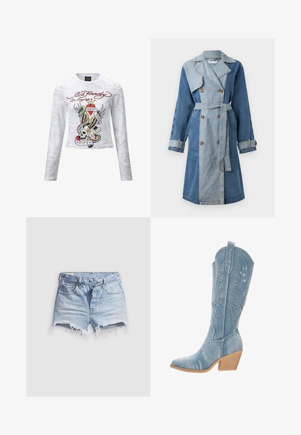 Denim trenchcoat med dubbelknäppt front, blandade blå nyanser, breda slag, midjebälte och knäppta manschetter.; Vit långärmad skjorta med en färgglad tatuering-inspirerad grafik med ett skalle, vingar och texten "New York City". Mjuk tyg, croppad design.; Ljusblå jeansshorts med avklippta kanter och fransiga fållar, fem fickor och knappgylf. Tyget är mjukt med en lätt sliten look.; Denim cowboy stövel, ljusblå, spetsig tå, utskärningar med triangulära former, låg staplad klack, texturerad yta.