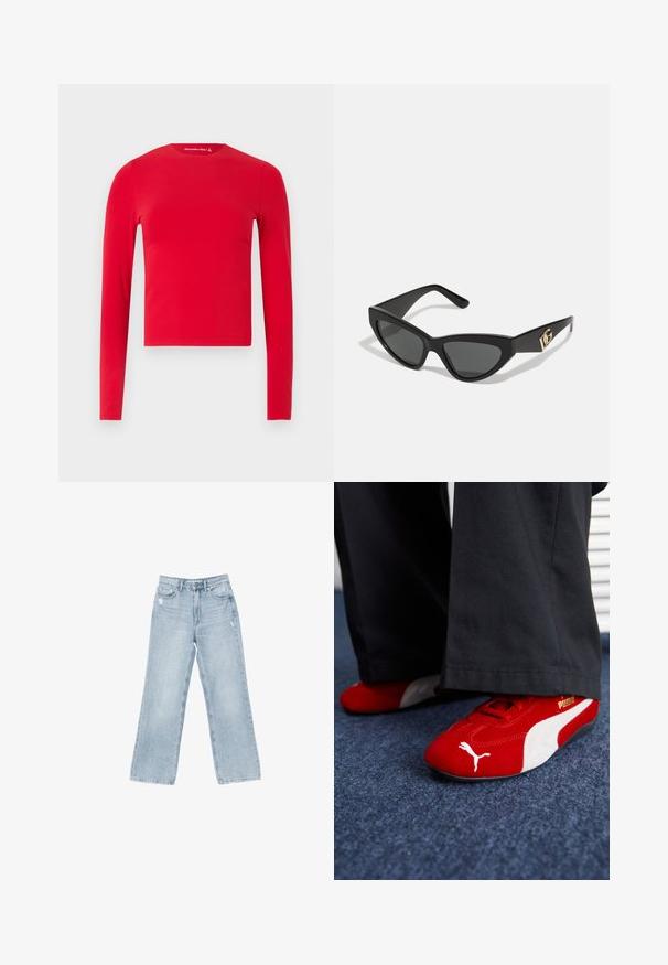 Denim-Trenchcoat mit doppelreihiger Front, gemischten Blautönen, breiten Reverskragen, tailliertem Gürtel und geknöpften Manschetten.; Rotes, langärmeliges, figurbetontes Crop-Top mit Rundhalsausschnitt und glatter Textur, vor einem einfarbigen hellen Hintergrund gezeigt.; Hellblaue Jeans aus Denim mit weiter Beinform, mit Used-Details, fünf Taschen und einem Reißverschluss.; Rote Wildledersneaker mit weißen Akzenten, aus strukturiertem Material, mit runder Zehenpartie und einem goldenen Logo an der Seite, getragen mit schwarzen Hosen.; Cat-Eye-Sonnenbrille mit mattem schwarzen Kunststoffrahmen, dunklen Gläsern und einem goldenen Logoplatz auf dem Bügel. Winkeliges Design und glatte Oberfläche.; Schwarze Lackleder-Handtasche mit geschwungenem Design, einem Schulterriemen, Vordertaschen und silberfarbenen Hardware-Akzenten.