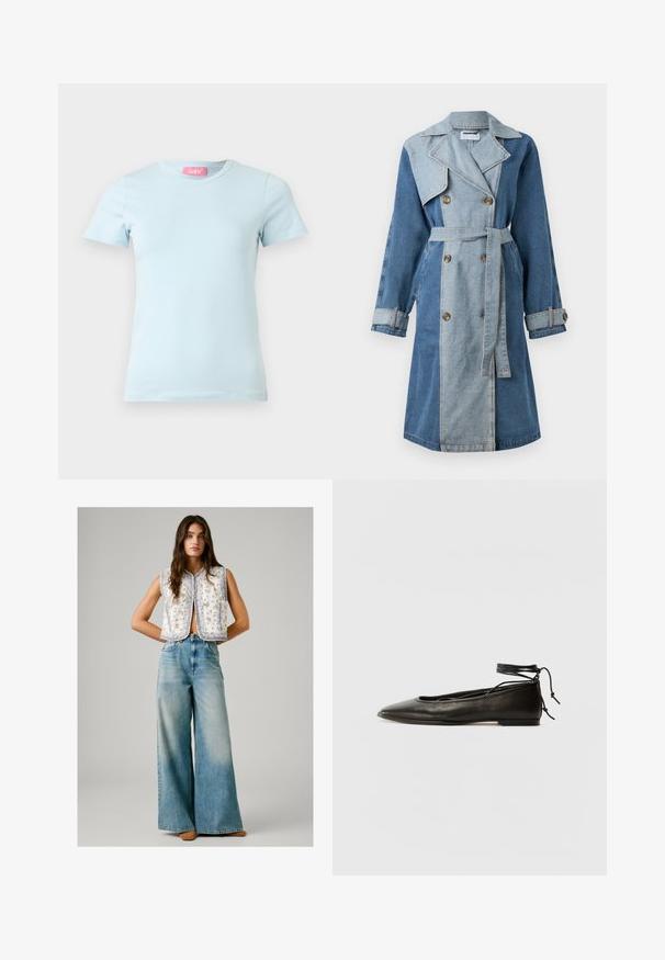 Traper kaput s dvostrukim kopčanjem, miješanim nijansama plave, širokim reverima, pojasom u struku i dugmadima na rukavima.; Svijetloplava majica kratkih rukava od pamuka, s okruglim izrezom i suptilnom teksturom, s ružičastom etiketom na vratu.; Žena nosi bezrukavu bijelu majicu s cvjetnim uzorkom u kombinaciji s visokim, širokim izblijedjelim plavim trapericama i smešnim cipelama, stoji sa rukama iza leđa.; Crne kožne baletanke s oštrim prstom, vezanjem oko članaka i ravnim potplatom, s glatkom teksturom i minimalističkim dizajnom.
