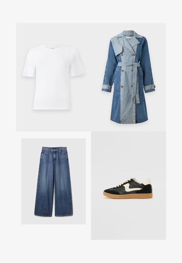 Denimist rõivast välimus, millel on topeltneppimisega esiosa, erinevad sinised toonid, laiad kraed, vööga talje ja nööpidega mansetid.; Lihtne valge lühikeste käistega ringkaelusega T-särk, otseäärega ja GAP sildiga kaela sees, heledal taustal.; Laiad sinised denimpüksid, millel on pleekinud viimistlus, nupp ja lukuga sulgemine, viis taskut ning vööaasad.; Must musta ja nahast sneakersid, millel on koorevärvi külgsuund ja hele koorik. Omab beeži paelu ja kummi kummist välistalla.