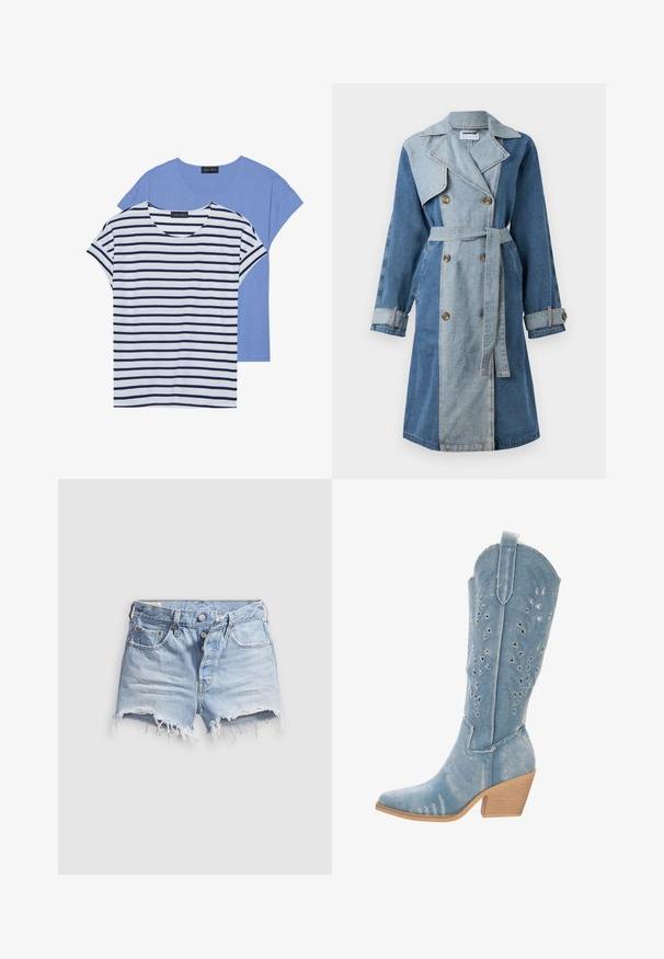 Płaszcz denimowy z podwójnym zapięciem, w różnych odcieniach niebieskiego, szerokimi klapami, paskiem w talii i guzikowymi mankietami.; Dwie koszulki: jedna jednolita jasnoniebieska, a druga biała w poziome granatowe paski. Obie mają krótkie rękawy i okrągły dekolt.; Jasnoniebieskie, krótkie szorty z denimu z postrzępionymi brzegami, pięcioma kieszeniami i zapięciem na guziki. Materiał jest miękki i lekko znoszony.; Dżinsowy kowbojski but, jasnoniebieski, spiczasty nos, wycięcia w kształcie trójkątów, niski, piętka w stylu stacked, teksturowane wykończenie.