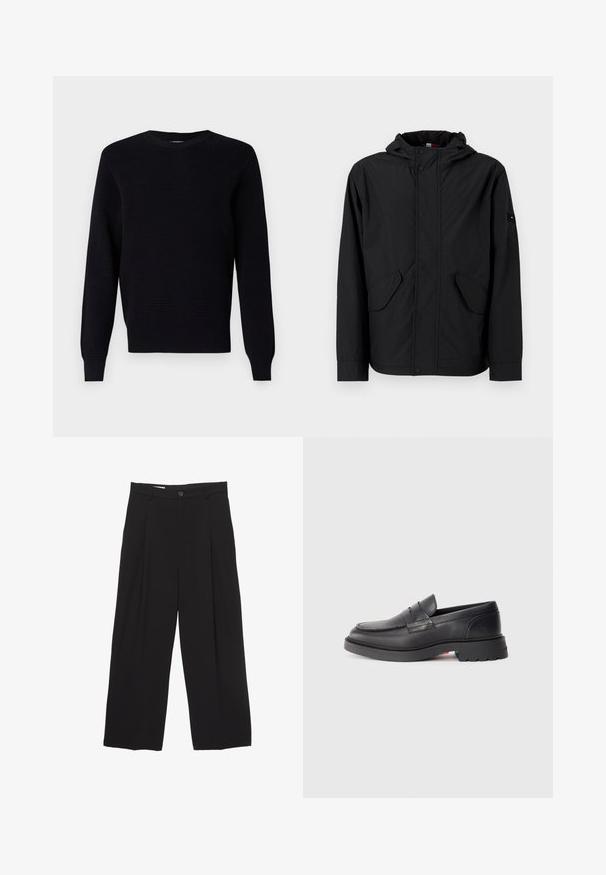 Černá kapucí bunda s předními klopovými kapsami, zipem a zavíráním na patentky, vystavená na světlém jednolitém pozadí.; Černý pletený svetr má texturovaný vzor, kulatý výstřih a žebrované manžety a lem. Vyrobeno z měkké tkaniny pro pohodlí.; Černé kalhoty širokého střihu vyrobené z hladké látky, s plochým pasem, předními záhyby a jedním knoflíkem na zapínání.; Černé kožené polobotky s kulatou špičkou, vyvýšeným švem a silnou gumovou podrážkou. Jednoduchý design s minimálním logem na boku.