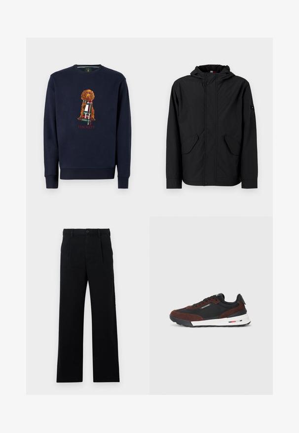 Fekete kapucnis dzseki elülső flap zsebekkel, zipzáras és patentos záródással, egyszerű világos háttér előtt kiállítva.; Tengerész navy pulóver hosszú ujjakkal, rajta egy barna kutyával, amely egy kockás sálat tart; alatta piros "Hackett" felirat található. Puha pamut anyag.; Fekete, pamutból készült nyírt nadrág; lapos elülső rész, látható varrások, és egyenes szárú fazon jellemzi. Gombos záródás a derékrészen.; Tommy Hilfiger RETRO RUNNER MIX - Sportcipő - black/cocoa