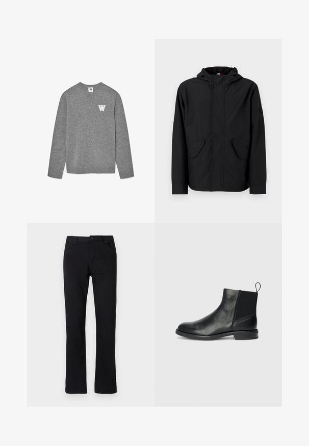 Melnas kapuces jaka ar priekšējām kabatām, ar rāvējslēdzēja un pogu aizdari, izlikta uz vienkārša gaiša fona.; Pelēka adīta džemperis ar apaļu dekoltē un ribotiem piedurknēm. Uz kreisās krūtis ir izšūta balta burta "W". Mīksta tekstūra.; Melnas taisnā piegriezuma džinsu bikses, izgatavotas no denima. Funkcijas rāvējslēdzēja aizdare, pieci kabatas un nemanāmas šuves. Līdzena jostmaisa ar jostas cilpu.; Melnas ādas potītes zābaki ar elastīgām sānu paneļiem, noapaļota purngala forma, zems bloku papēdis un cilpa aizmugurē ērtai uzvilkšanai.