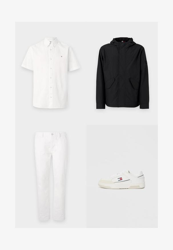 Mustan kapuutsiga jakk, millel on ees klapiga taskud, tõmblukk ja nuppude sulgemine, esitatud eredas heledas taustal.; Lühikeste varrukatega valge nööbiga särk, mis on valmistatud kergest kangast, sisaldades nööpidega kraed ja peent logo rinnal.; Valged puuvillased püksid sirge säärega disainiga, millel on nupplukustus, vöökohad ja nähtavad mustrid või aktsendid puuduvad.; Valged sneakerid sileda nahkjalatsiga ja sametise toe cap'iga, millel on küljel väike punane, valge ja sinine logo ning tekstureeritud tallad.
