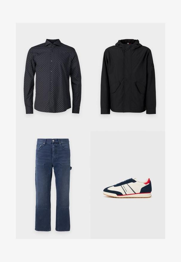 Μαύρη κουκούλα με τσέπες μπροστά, κλείσιμο με φερμουάρ και κουμπί σναπ, εκτεθειμένη σε απλό φωτεινό φόντο.; JOOP! Πουκάμισο - dunkelblau; Σκούρο μπλε τζιν παντελόνι με χαλαρή εφαρμογή, διαθέτει τσέπες με καπάκι, ίσια γραμμή και ελαφριά φθορά στο ύφασμα.; Λευκό αθλητικό παπούτσι με ναυτικό μπλε και κόκκινες λεπτομέρειες, υφασμάτινη σόλα, σχέδιο με κορδόνια και λογότυπο "Tommy Jeans" στο πλάι.