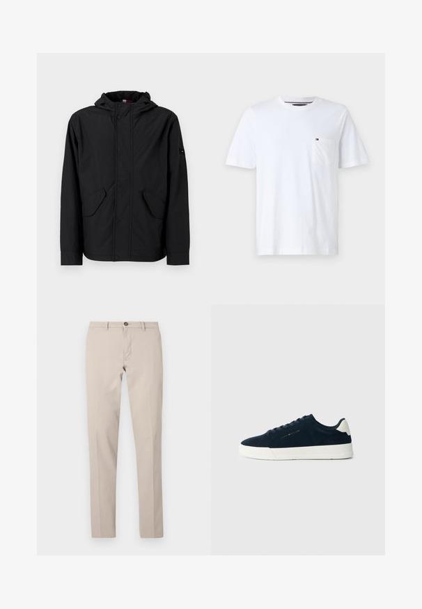 Juoda gobtuvinė striukė su priekinėmis kišenėmis, užtrauktuku ir spaustuku, pristatyta ant šviesaus fono.; Balta medvilninė marškinėlių su klasikinėmis apykaklėmis, trumpomis rankovėmis ir kairėje krūtinės pusėje esančia kišenyte su mažo logotipo akcentu. Slygu tekstūra.; Smėlio spalvos siauri kelnės su diržo kilpomis, sagos uždarymu ir priekinio užtrauktuko uždarymu, išdėstytos lygiai ant balto fono.; Jūrų jėgerio suknelė iš suedės su balta guma padais, apvaliu toe ir kontrastuojančia kulno juosta; turi tonus laces ir logotipo detalę šone.