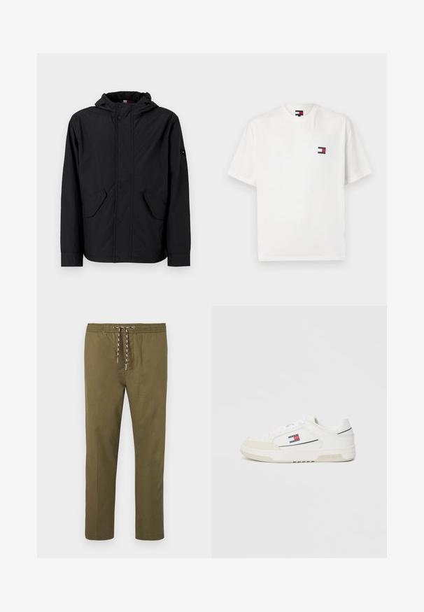 Schwarze Kapuzenjacke mit vorderen Klappentaschen, Reißverschluss und Druckknopfverschluss, auf einem hellen, einfarbigen Hintergrund präsentiert.; Weißes Baumwoll-T-Shirt mit Rundhalsausschnitt und kurzen Ärmeln. Enthält ein kleines Logo-Patch in Rot und Marineblau auf der linken Brust.; Olivgrüne Hose mit elastischem Bund und verstellbarem Kordelzug. Gerader Schnitt; das Material hat eine glatte, weiche Textur.; Weiße Sneakers aus glattem Leder mit einer Wildleder-Zehenkappe, ausgestattet mit einem kleinen roten, weißen und blauen Logo an der Seite und einer strukturierten Sohle.
