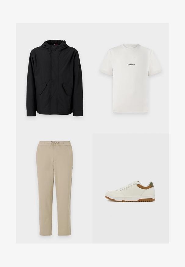 Veste à capuche noire avec poches à rabat à l'avant, fermeture éclair et bouton-pression, présentée sur un fond clair uni.; T-shirt en coton blanc à manches courtes, arborant un logo noir "JJ Studios" sur la poitrine. Col rond et coupe standard.; Pantalons lounge beiges avec une taille élastique et un cordon de serrage, présentant une coupe droite et une texture douce et lisse.; Tommy Hilfiger BASKET CORE - Baskets basses - ecru/army green