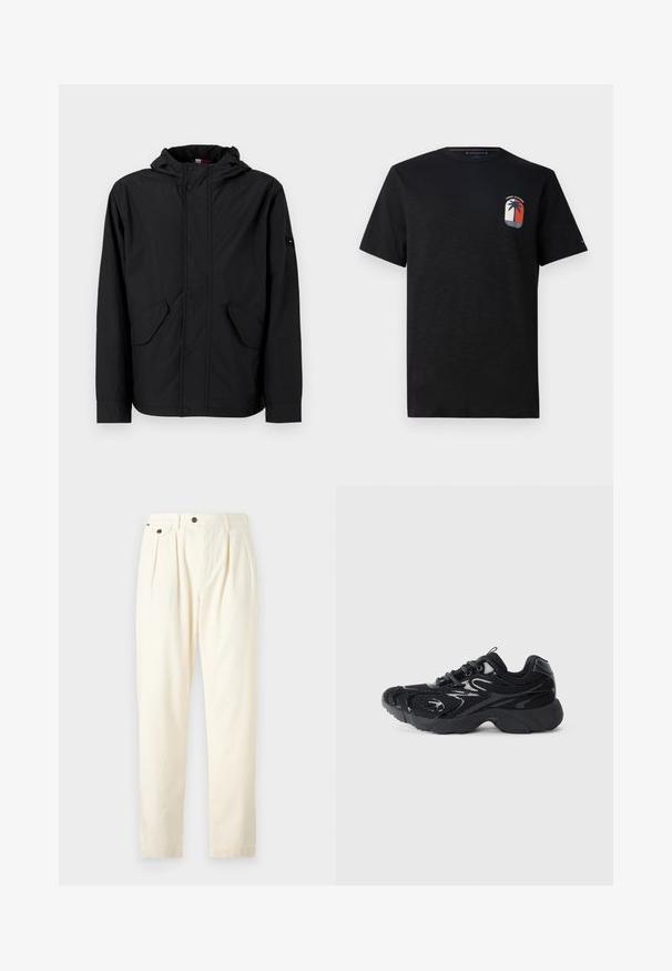 Svart hettegenserjakke med frontlommer, glidelås og trykknapp-lukking, vist på en ensfarget lys bakgrunn.; Svart bomull T-skjorte med rund hals og korte ermer. Har et palmetrelogo i rødt, hvitt og blått på brystet.; Beige plissert bukser laget av bomull, med en linning med beltehemper, to frontlommer og brune knappdetaljer.; Svart treningssko med nettmateriale og syntetiske detaljer, avrundet tå, teksturert såle og kontrasterende glansfulle detaljer på overdelen.