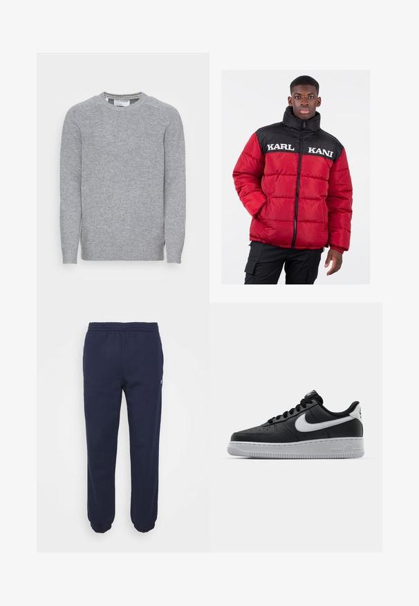 Crvena puffer jakna s crnom gornjom sekcijom, s visokim kragnom i bijelim natpisom "KARL KANI" preko prsa. Zatvaranje na zip, prešani teksturirani materijal.; Sivi pleteni pulover s okruglim izrezom, rebrastim manžetama i rubom. Glatka tekstura i jednostavan, klasičan dizajn s bočnim prorezima.; Tamno plave trenirke s elastičnim pojasom i nabranim manžetama. Izrađene su od mekanog materijala i imaju mali logotip sa strane.; Crne kožne tenisice s teksturiranom površinom, bijeli Nike znak, sivi potplat, okrugli vrh i vezanje. Sadrže perforacije na području prstiju.