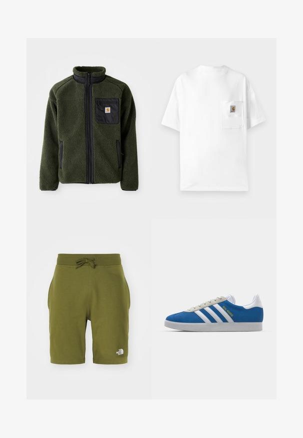 Zielona polarowa kurtka z wysokim kołnierzem, czarnymi akcentami, kieszenią na zamek na piersi i bocznymi kieszeniami. Teksturowana powierzchnia, trwały materiał.; Biała bawełniana koszulka z okrągłym dekoltem, krótkimi rękawami i kieszonką na piersi z naszywką logo. Minimalistyczny design i gładka tekstura.; Oliwkowe bawełniane szorty z bocznymi kieszeniami, elastycznym pasem, regulowanym sznurkiem i białym logo na lewej nogawce.; adidas Originals GAZELLE niebieski