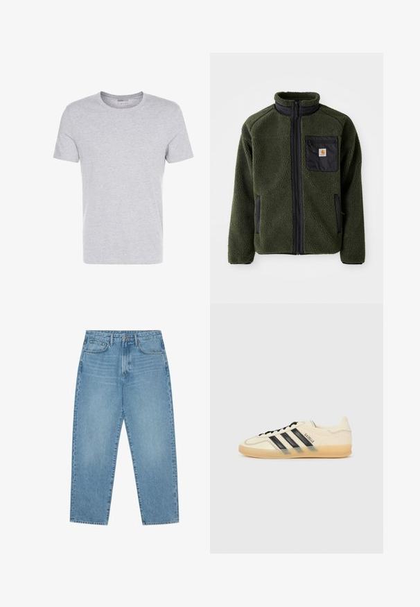 Zelená fleecová bunda s vysokým límcem, černými akcenty, kapsou na zip na prsou a bočními kapsami. Texturovaný povrch, odolný materiál.; Šedé bavlněné tričko s kulatým výstřihem, krátkými rukávy a jednoduchým designem, má měkkou, hladkou texturu a žádné viditelné vzory ani ozdoby.; Světle modré džíny s širokými nohavicemi a vysokým pasem, které mají pět kapes, poutka na opasek a měkkou, mírně vybledlou strukturu.; Světle krémové tenisky s černým designem tří pruhů,Texturovaný svršek, kulatá špička a gumová podešev. Obsahují šněrování a branding po straně.