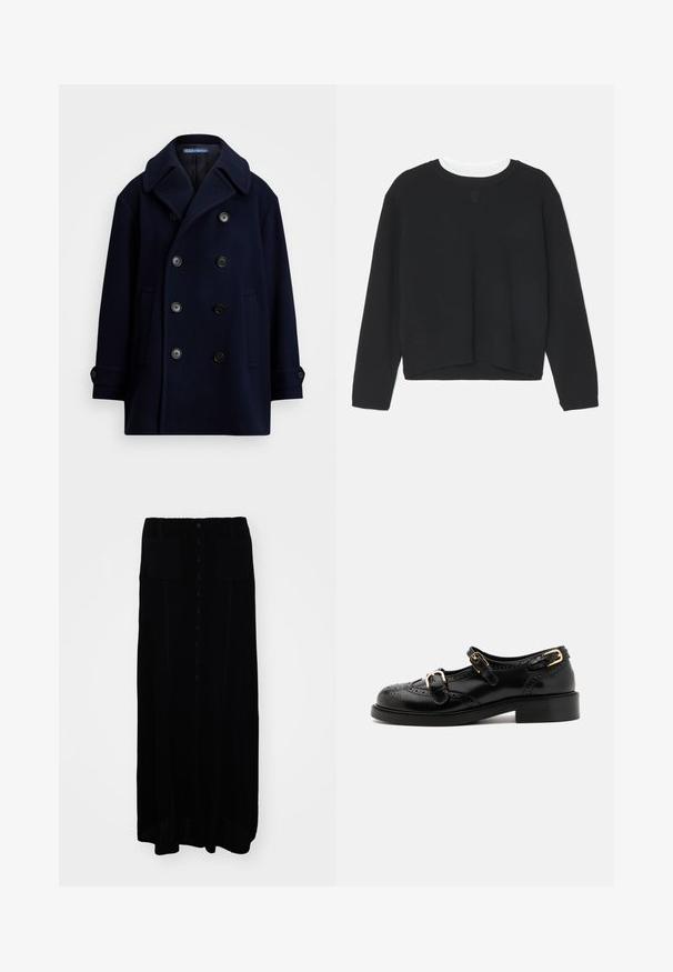 Cappotto peacoat in lana blu navy con design doppiopetto, ampie revers, sei bottoni neri e due tasche laterali. Texture liscia.; Felpa nera con maniche lunghe, scollatura a girocollo e orlo leggermente accorciato. Realizzata in un tessuto morbido, presenta un discreto dettaglio del logo sul davanti.; Gonna lunga nera in maglia con apertura frontale a bottoni, due tasche frontali, tessuto a trama e una silhouette dritta.; Scarpe in pelle nera con dettagli brogue, dotate di due cinturini con fibbia, punta arrotondata e tacco basso. Texture liscia con finitura lucida.