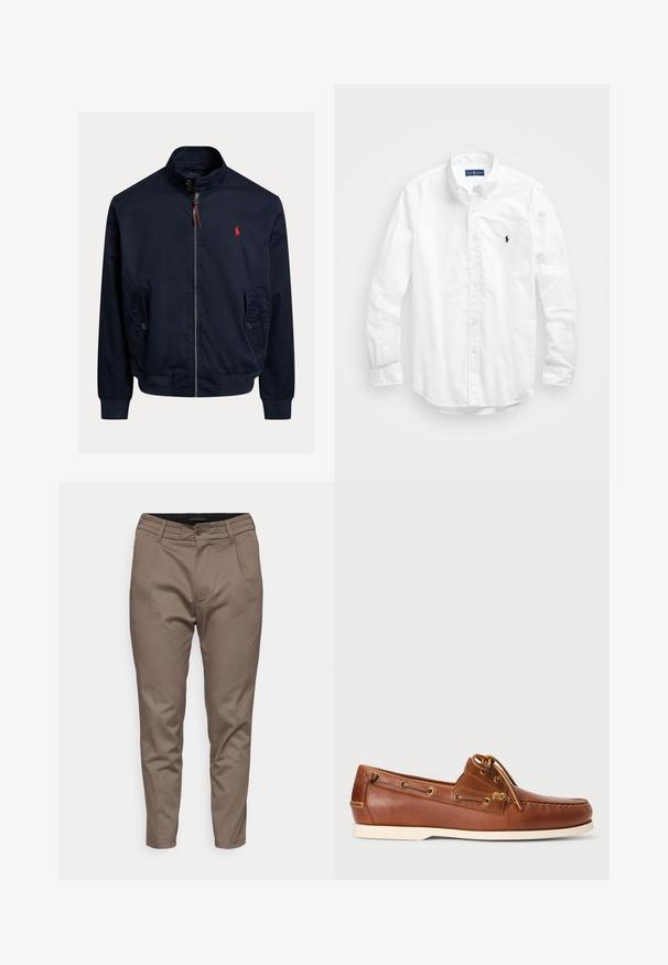 Navy blue bomber jacket made of lightweight fabric, featuring a zip closure, two side pockets, and a red embroidered logo on the chest.; White long-sleeve button-up shirt in cotton. Features a classic collar, button cuffs, and a small navy embroidered logo on the chest.; Brown tailored trousers with a smooth texture, featuring a front button closure, belt loops, and two side pockets.; Brown leather boat shoe featuring lacing, gold eyelets, and cream rubber sole. Designed with a raised stitching pattern on the toe.
