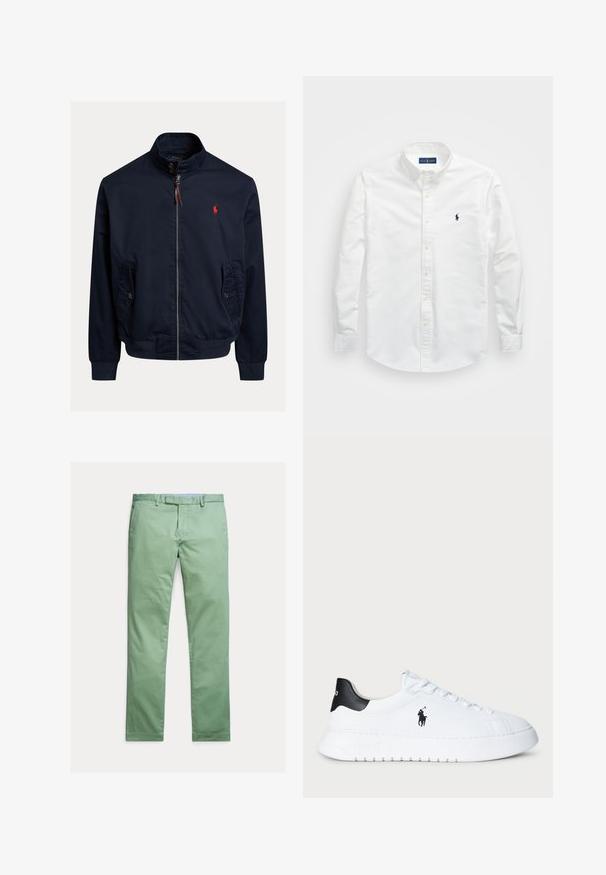 Mornarsko modra bombažna jakna iz lahkega materiala, z zadrgo, dvema stranskima žepoma in rdečim vezenim logotipom na prsih.; Bela srajca z gumbi, izdelana iz bombaža. Ima ostro ovratnik, dolge rokave in majhen mornarsko modri logotip na prsih. Gladka tekstura.; Svetlo zelene bombažne hlače z ravnim krojem, ravnim sprednjim delom in subtilno teksturo. Vključujejo zanke za pas in zapiranje na gumb.; Bela nizka športna obutev s črnim petnim delom in črnim logotipom Polo Ralph Lauren na strani, z belimi vezalkami in debelim gumijastim podplatom.