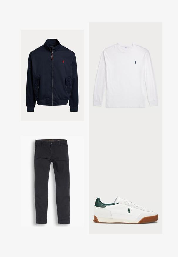 Casaco bomber azul-marinho feito de tecido leve, com fecho de correr, dois bolsos laterais e um logótipo bordado em vermelho no peito.; Camisola de manga longa branca feita de algodão. Apresenta um decote redondo, punhos canelados e um pequeno logótipo de polo azul-marinho no lado esquerdo do peito.; Calças chino pretas feitas de algodão. Apresentam um design de corte padrão, bolsos frontais e um fecho de botão com uma textura suave.; Sapatilha branca com detalhes em pele verde e sola em borracha bege. Apresenta um corpo em tecido e um logótipo proeminente na lateral. Design com atacadores.