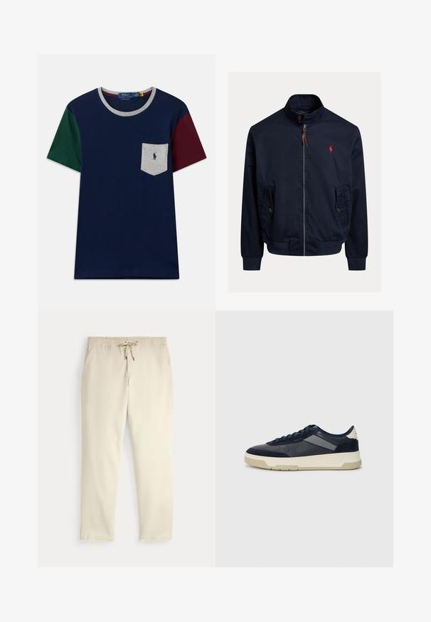Tamsiai mėlynas bomber tipo džemperis, pagamintas iš lengvos medžiagos, su užtrauktuku, dviem šoninėmis kišenėmis ir raudonu siuvinėtų logotipu ant krūtinės.; Tamsiai mėlynas marškinėliai su žaliais ir bordo trumpais rankovėmis. Yra pilkas kišenė su logotipu, apvaliu iškirpimu su pilku apvadu ir minkšta tekstūra.; Oficialiai balti kasdieniniai kelnės su elastiniu juosmeniu ir raišteliu, tiesiomis kojomis ir šoninėmis kišenėmis prieš paprastą foną.; BOSS BALTIMORE - Sportbačiai - open blue