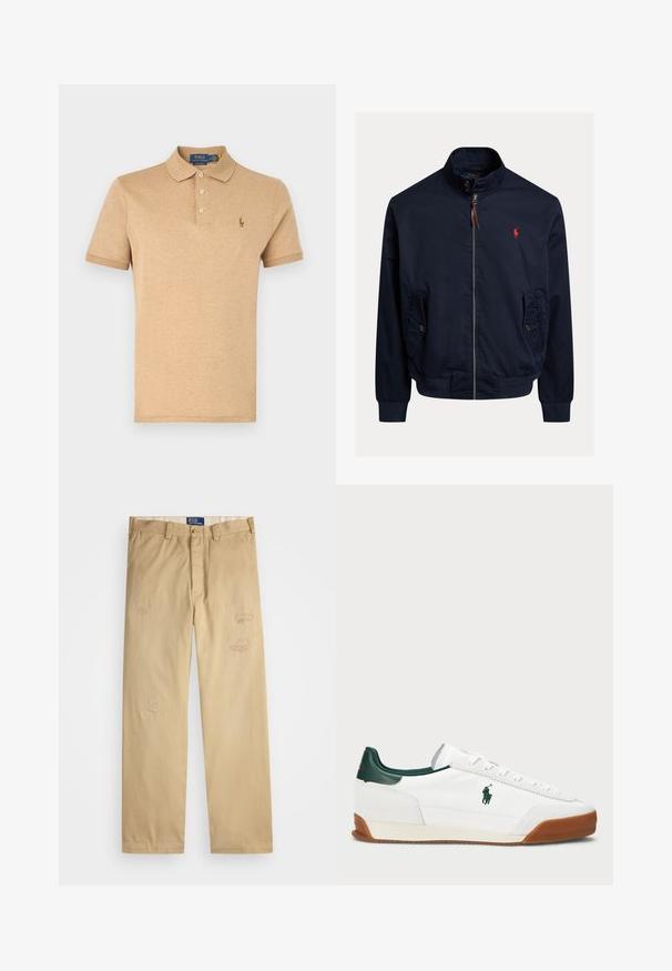 Marinblå bombarjacka i lätt material, med dragkedja, två sidofickor och en röd broderad logotyp på bröstet.; Beige polo skjorta i mjukt material, med tre knappar i kragen, korta ärmar och en liten broderad logotyp på vänster bröst.; Beige bomullbyxor med rak passform. Har slitna lappar och broderade detaljer fram. Klassisk knapp- och dragkedjestängning.; Vita sneakers med gröna läderdetaljer och en tan-färgad gummisula. Har en tygkropp och en framträdande logotyp på sidan. Snördesign.