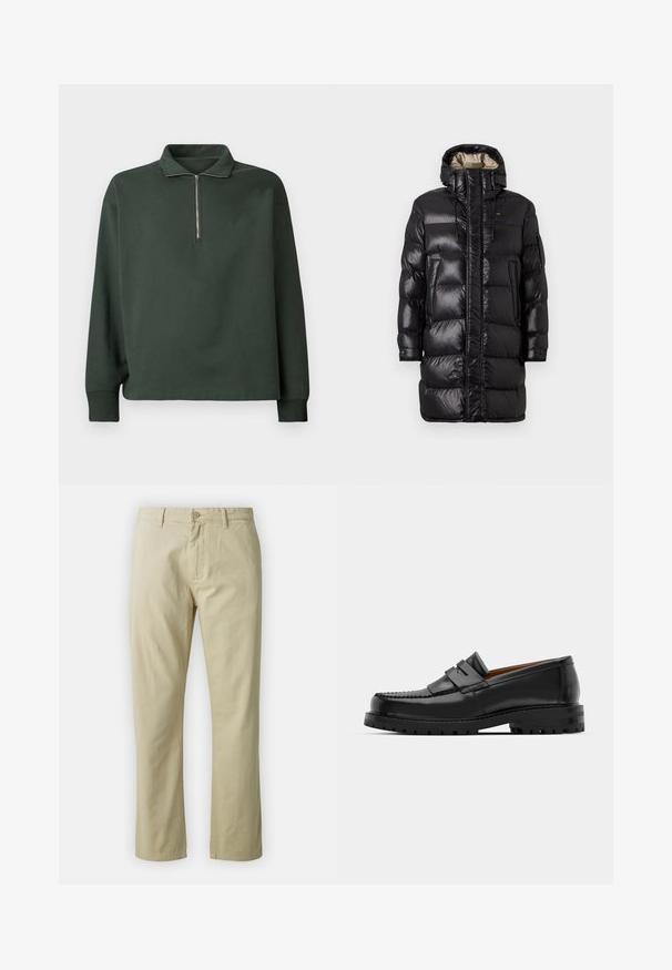 Piumino nero con finitura lucida, dotato di un colletto alto, zip frontale e due tasche laterali. Design isolato con cuciture orizzontali.; Maglione verde scuro con colletto alto e mezza zip. Realizzato in tessuto morbido, presenta maniche lunghe e una vestibilità rilassata.; Pantaloni in cotone beige dal design a gamba dritta, con chiusura frontale a bottone e passanti per cintura. Tessuto liscio, senza motivi o dettagli visibili.; I mocassini in pelle nera presentano una cucitura sollevata, due fasce decorative sulla parte superiore e una suola spessa e texture per una maggiore aderenza.