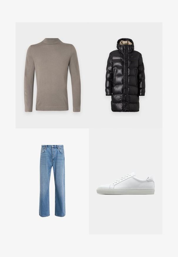 Schwarze Pufferjacke mit glänzender Oberfläche, hohem Kragen, Frontreißverschluss und zwei seitlichen Taschen. Isoliertes Design mit horizontaler Steppung.; Hellbrauner Rollkragenpullover mit langen Ärmeln. Weiche Stricktextur, figurbetontes Design, gerippte Bündchen und Saum. Einfacher, nahtloser Aufbau.; Helle blaue Jeans im Geradeschnitt-Design, mit fünf Taschen, Knopfverschluss, minimaler Ausbleichung und kontrastierenden Nähdetails.; Weißer Sneaker mit glattem Lederobermaterial und niedrigem Profil. Verfügt über eine runde Zehenpartie, sechs Ösen und eine strukturierte Gummisohle.