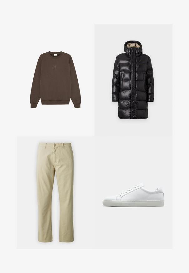 Černý pufový kabát s lesklým povrchem, vysokým límcem, předním zipem a dvěma bočními kapsami. Izolovaný design s horizontálním prošíváním.; Hnědá mikina vyrobená z bavlny, s kulatým výstřihem, žebrovanými manžetami a malým logem "II" umístěným na středu hrudi. Měkká textura.; Béžové bavlněné kalhoty s rovnými nohavicemi, předním zapínáním na knoflík a poutky na opasek. Hladká textura, žádné viditelné vzory či akcenty.; Bílé tenisky s hladkým koženým svrškem a nízkým profilem. Mají zaoblenou špičku, šest nýtů a texturovanou gumovou podrážku.