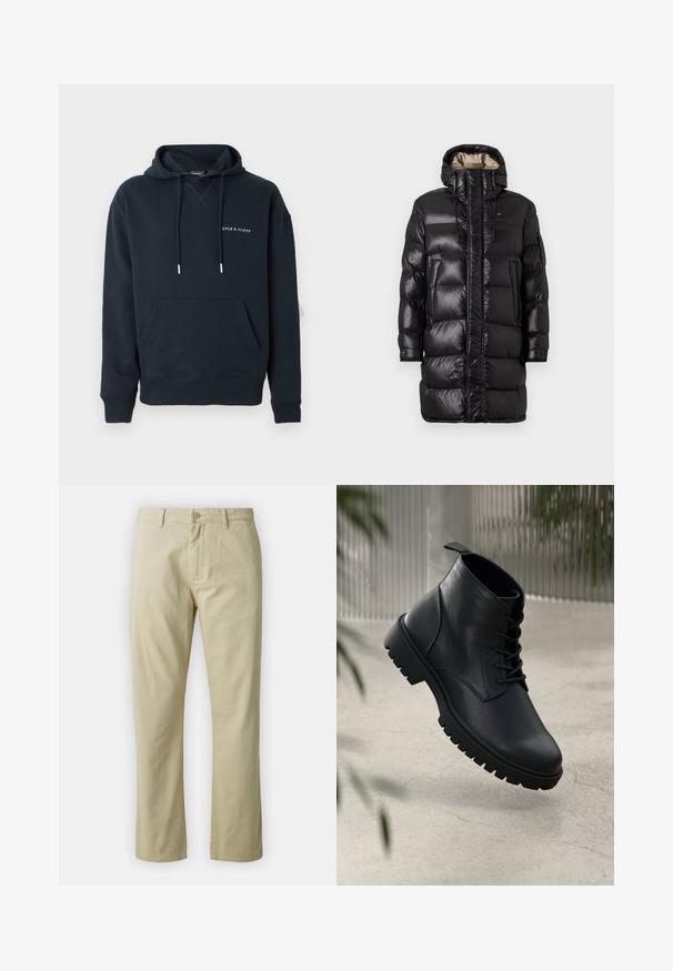 Schwarze Pufferjacke mit glänzender Oberfläche, hohem Kragen, Frontreißverschluss und zwei seitlichen Taschen. Isoliertes Design mit horizontaler Steppung.; Dunkelblaues Kapuzensweatshirt aus Baumwolle mit einer Kängurutasche und weißem Drucklogo auf der Brust, verziert mit silbernen Kordelzügen.; Beige Baumwollhose mit geradem Bein, mit vorderem Knopfverschluss und Gürtelschlaufen. Glatte Textur, keine sichtbaren Muster oder Akzente.; Schwarze Lederstiefeletten mit runder Zehenform, Schnürdesign und robustem Gummisohle. Glatte Textur mit einer Zuglasche an der Rückseite.