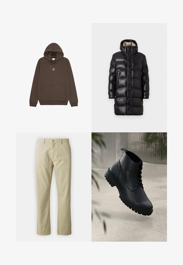 Juodas pūkinis paltas su blizgiu paviršiumi, turintis aukštą apykaklę, priekinį užtrauktuką ir dvi šonines kišenes. Šildanti konstrukcija su horizontaliais siūlėmis.; Rudas gobtuvė su kengūros kišene, su virvute reguliuojamu gobtuvu ir centriniu "II" baltu tekstu. Pagaminta iš medvilnės, turinčios sklandžią tekstūrą.; Ruda ilgomis rankovėmis marškiniai, pagaminti iš švelnios medžiagos, su apvaliu kaklu ir tiesiu kirpimu, be matomų raštų ar detalių.; Bežiniai medvilniniai kelnės su tiesiais blauzdomis, priekyje su mygtukų uždarymu ir diržo kilpomis. Lygus paviršius, nėra matomų raštų ar akcentų.; Juodi odiniai auliniai batai su apvaliu pirštu, su raišteliais ir tvirtu guminio pado dizainu. Romus paviršius su kilpeliu gale.