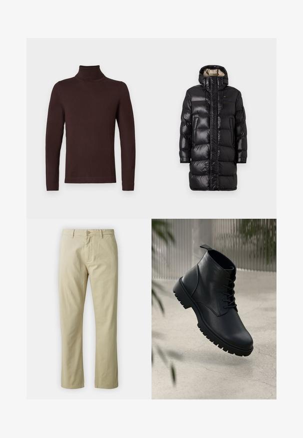 Schwarze Pufferjacke mit glänzender Oberfläche, hohem Kragen, Frontreißverschluss und zwei seitlichen Taschen. Isoliertes Design mit horizontaler Steppung.; Dunkelbrauner, langärmliger Rollkragenpullover mit schmaler Passform, auf einem schlichten weißen Hintergrund präsentiert.; Beige Baumwollhose mit geradem Bein, mit vorderem Knopfverschluss und Gürtelschlaufen. Glatte Textur, keine sichtbaren Muster oder Akzente.; Schwarze Lederstiefeletten mit runder Zehenform, Schnürdesign und robustem Gummisohle. Glatte Textur mit einer Zuglasche an der Rückseite.