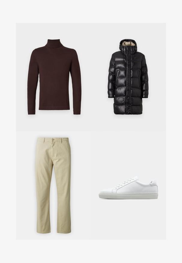 Black puffer coat with a glossy finish, featuring a high collar, front zipper, and two side pockets. Insulated design with horizontal stitching.; Dark brown long-sleeve turtleneck sweater with a slim fit, displayed on a plain white background.; Beige cotton trousers with a straight-leg design, front button closure, and belt loops. Smooth texture, no visible patterns or accents.; White sneaker with a smooth leather upper and a low profile. Features a rounded toe, six eyelets, and a textured rubber sole.