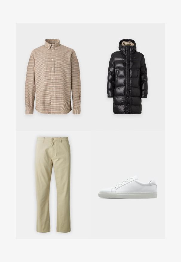 Black puffer coat with a glossy finish, featuring a high collar, front zipper, and two side pockets. Insulated design with horizontal stitching.; Beige and brown checked long-sleeve button-up shirt with button-down collar, displayed on a plain background, front view.; Beige cotton trousers with a straight-leg design, front button closure, and belt loops. Smooth texture, no visible patterns or accents.; White sneaker with a smooth leather upper and a low profile. Features a rounded toe, six eyelets, and a textured rubber sole.